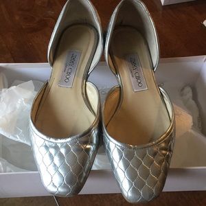 Jimmy Choo silver quilted fabric flats